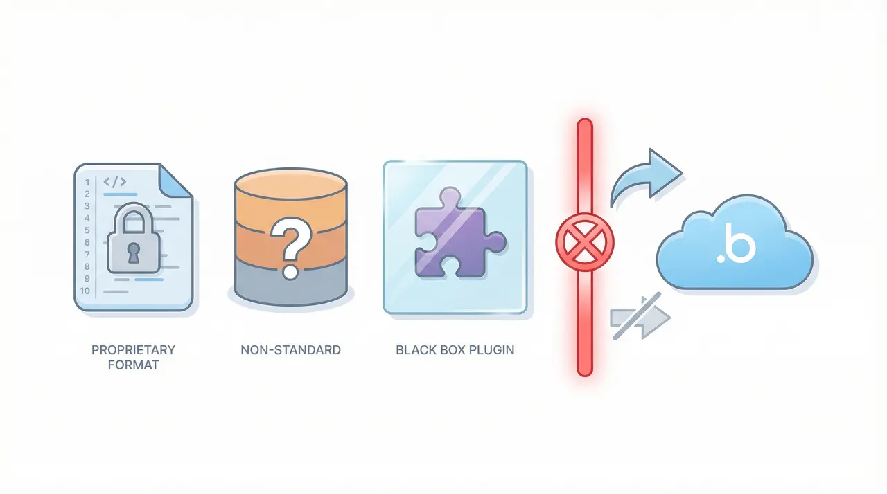 Why Bubble Can't Export to Code - proprietary format, non-standard database, black box plugins