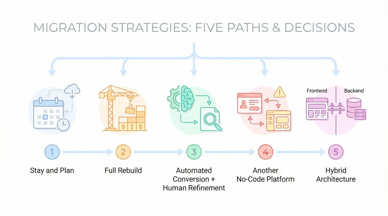 Your 5 Migration Options - Stay and Plan, Full Rebuild, Automated Conversion, Another No-Code Platform, Hybrid Architecture