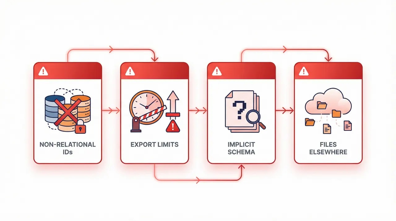 Four migration pain points: Non-Relational IDs, Export Limits, Implicit Schema, Files Elsewhere