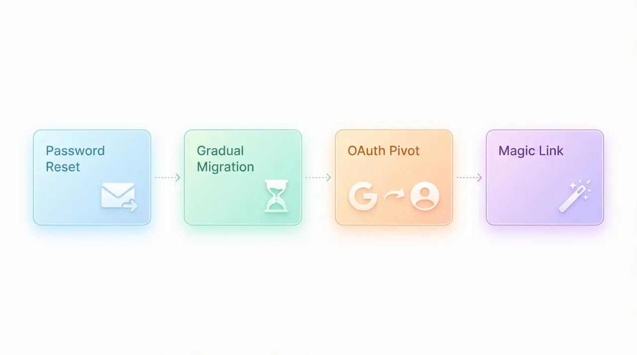 Four migration strategies: Password Reset, Gradual Migration, OAuth Pivot, and Magic Link