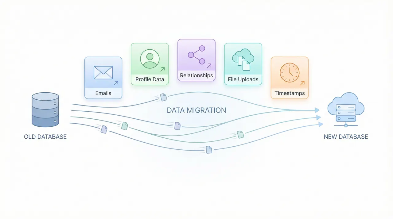 Five data types to migrate: Emails, Profile Data, Relationships, File Uploads, and Timestamps