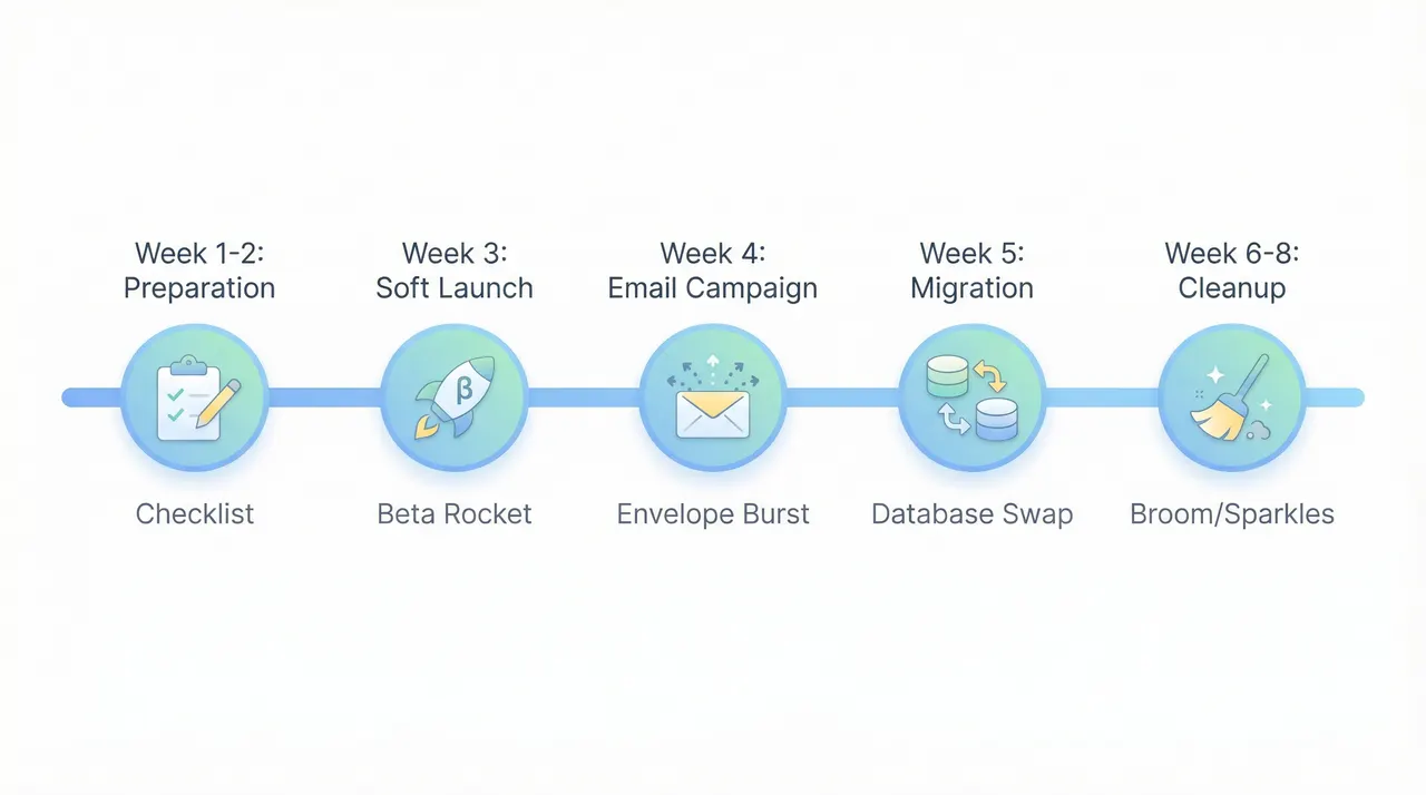 Migration timeline: Week 1-2 Preparation, Week 3 Soft Launch, Week 4 Email Campaign, Week 5 Migration, Week 6-8 Cleanup