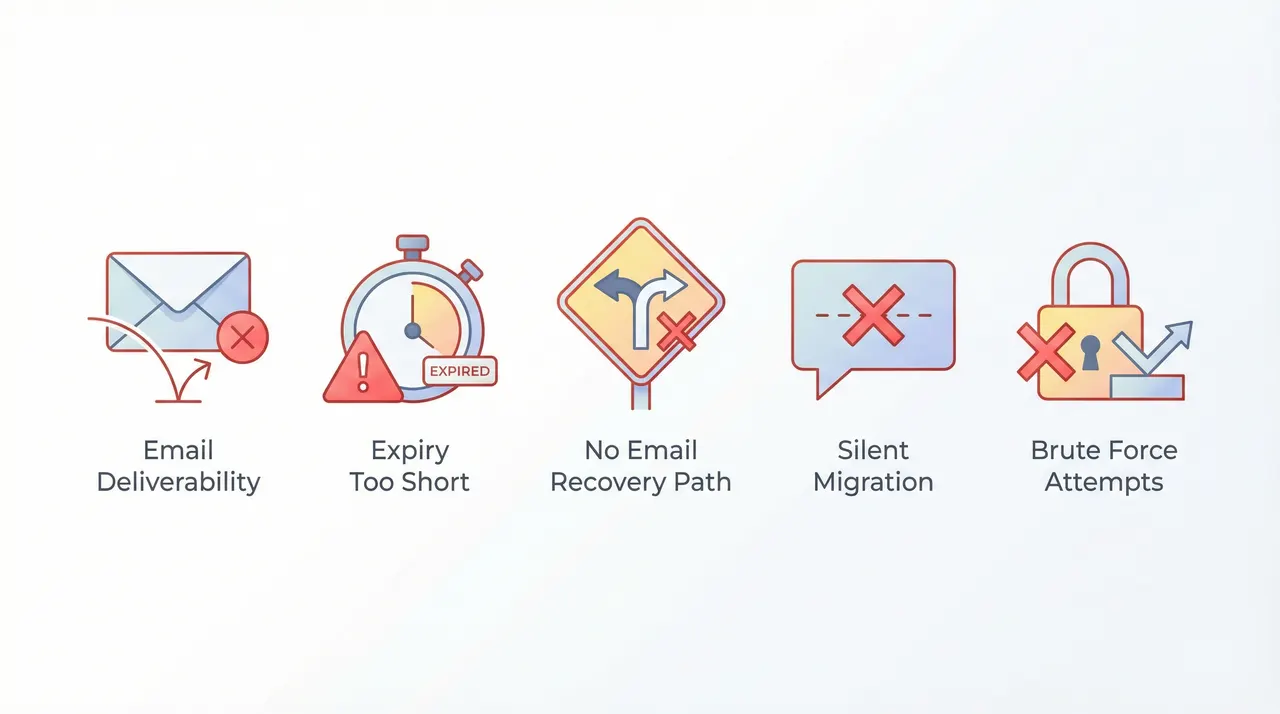 Five common mistakes: Email Deliverability, Expiry Too Short, No Email Recovery, Silent Migration, Brute Force Attempts
