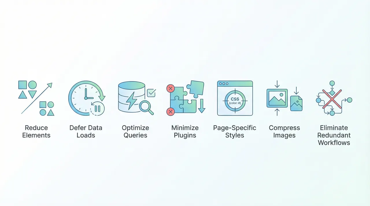Seven optimization techniques: Reduce Elements, Defer Data, Optimize Queries, Minimize Plugins, Page Styles, Compress Images, Eliminate Workflows