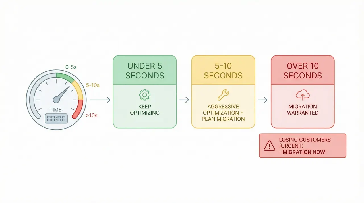 Decision framework: Under 5s (optimize), 5-10s (plan migration), Over 10s (migrate now)