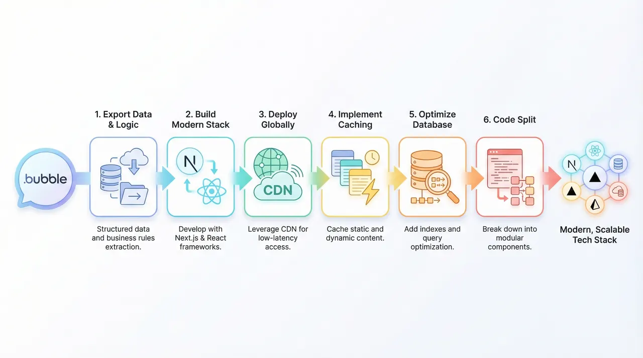 Six-step migration process: Export, Build Modern Stack, Deploy Globally, Implement Caching, Optimize Database, Code Split