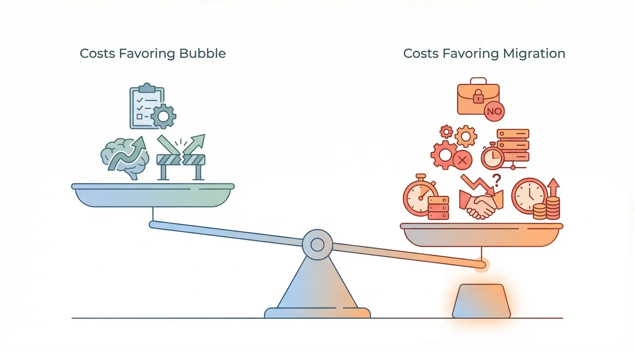Balance scale comparing hidden costs: Bubble vs Migration factors