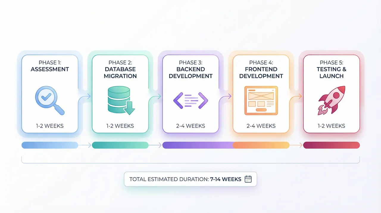 Migration timeline: 5 phases from Assessment to Testing & Launch over 7-14 weeks