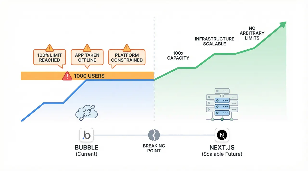 Scalability limits: Bubble hitting ceiling at 1000 users vs Next.js 100x capacity