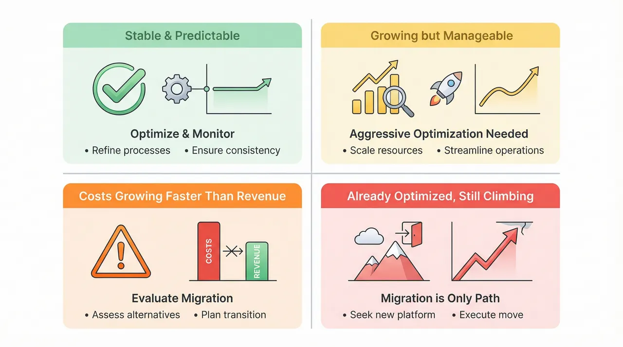 Four-quadrant decision matrix - stable and predictable, growing but manageable, costs faster than revenue, already optimized
