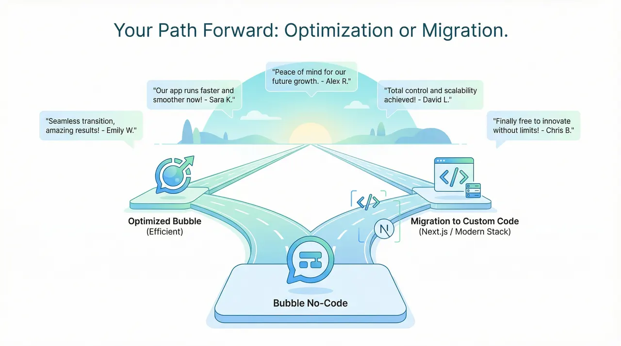 Path forward - choosing between optimized Bubble or migration to custom code for peace of mind