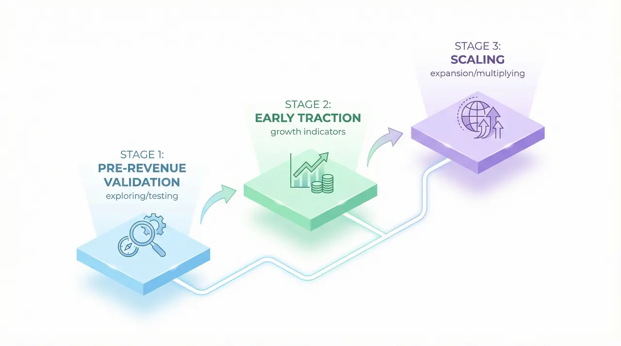 Three business stages: Pre-Revenue Validation, Early Traction, and Scaling