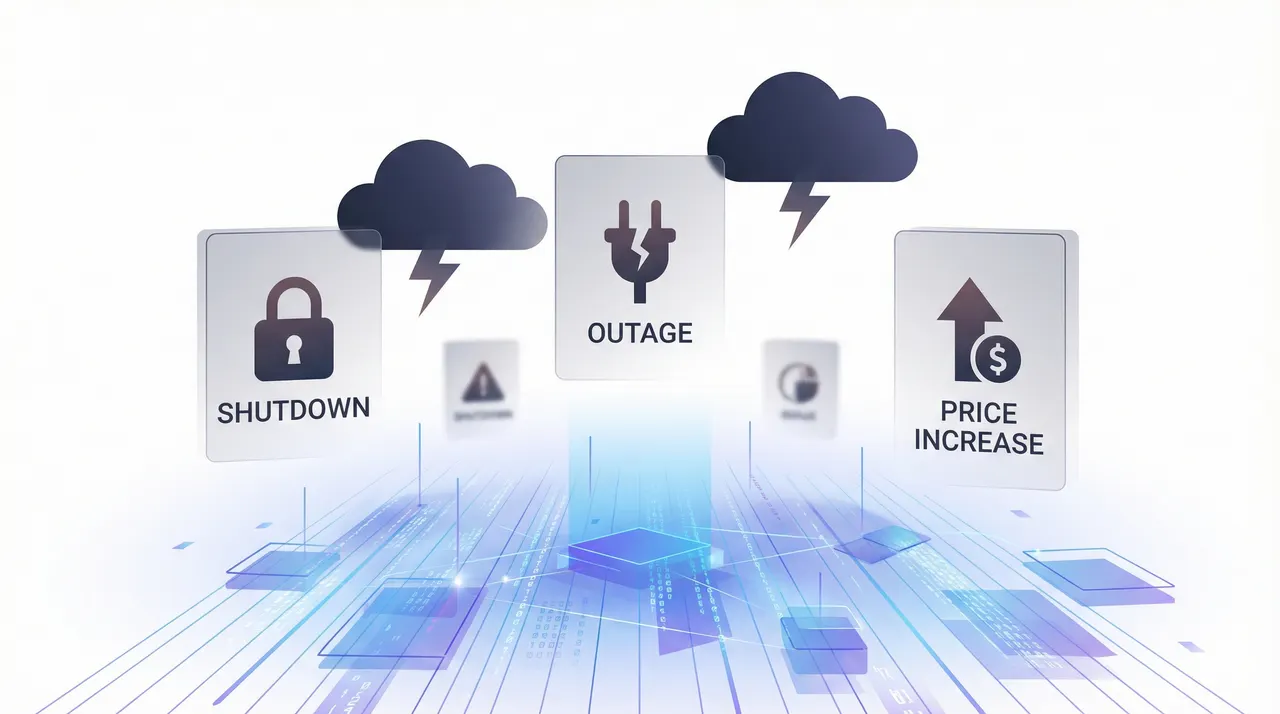Platform risk scenarios - server unplugging, locks, price increases, and outages