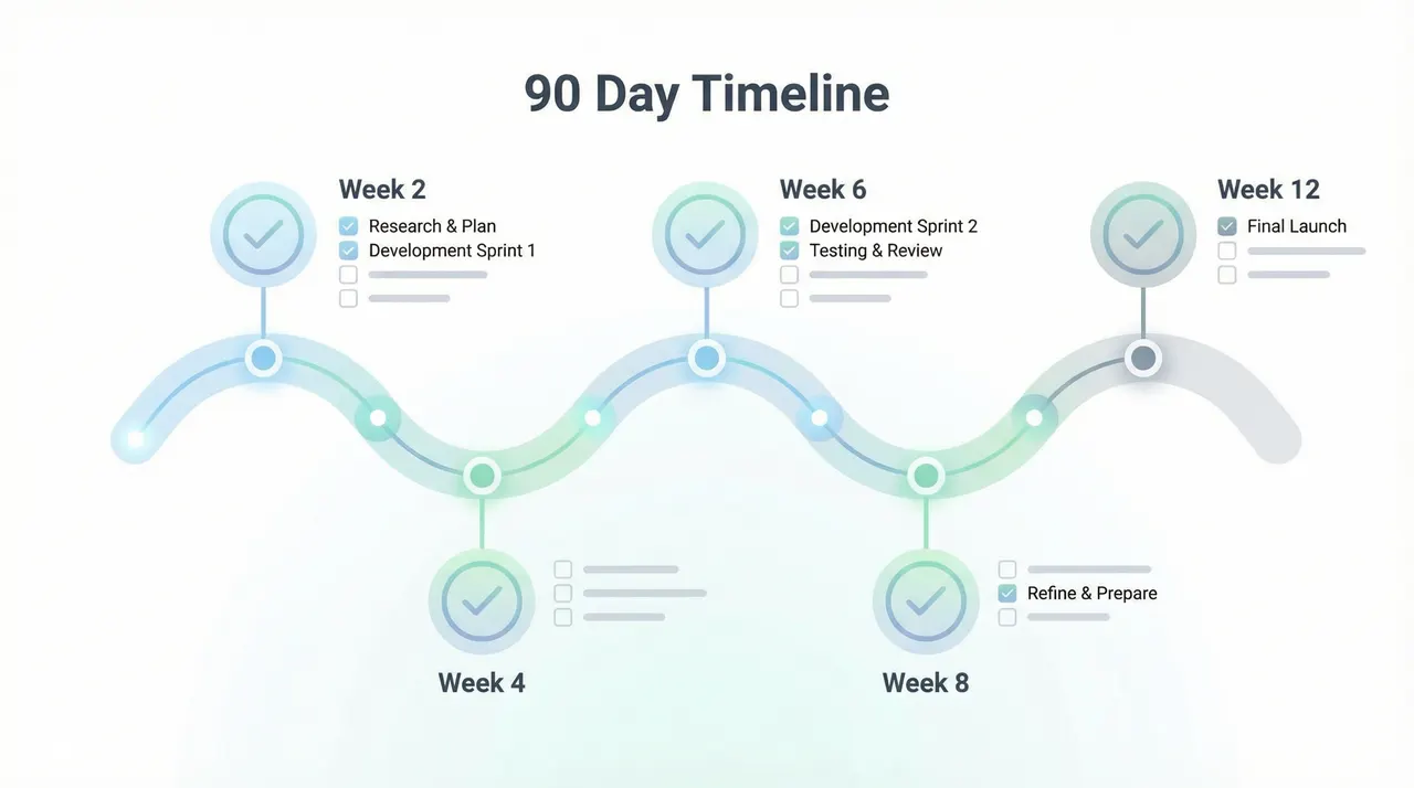 90-day implementation timeline with milestone checkmarks