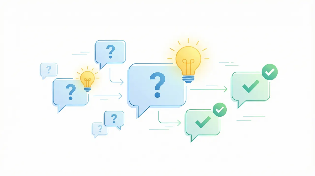 FAQ concept with question marks, accordion list, and lightbulbs